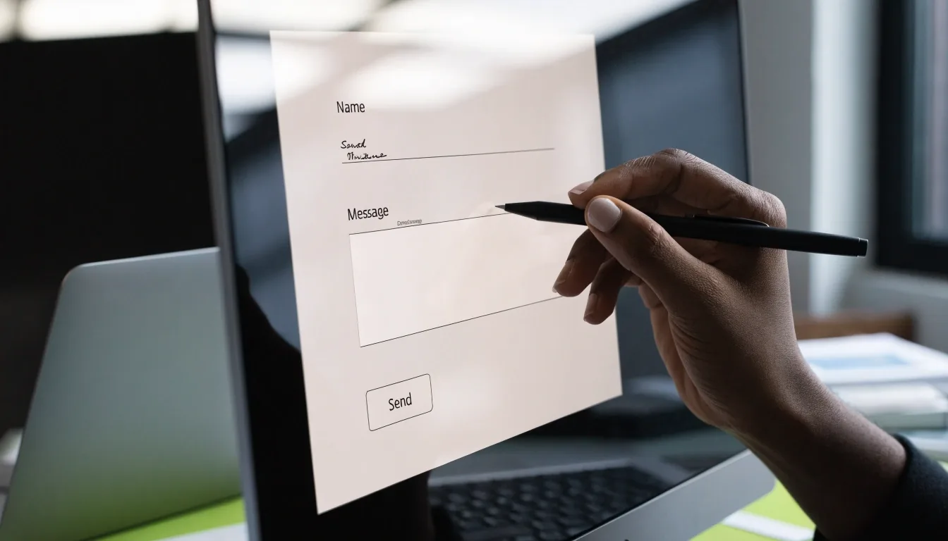 A hand on a laptop trackpad next to a small open notebook on a bright desk