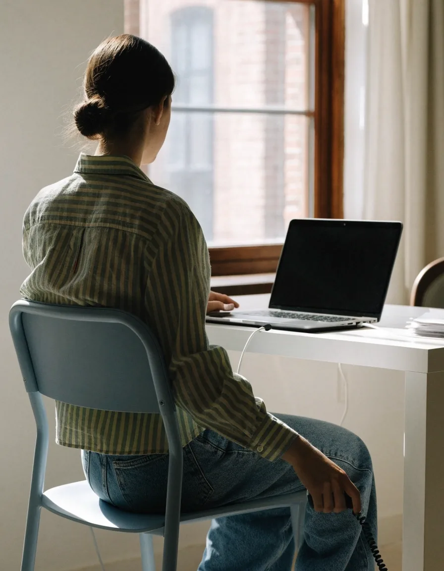 A person seen from behind at a bright desk with a phone in one hand and a laptop open