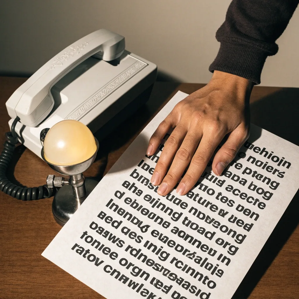 A hand holding a large-print sheet beside a phone and a reading lamp on a quiet desk