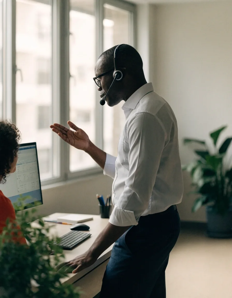 A desk worker helping a visitor by phone and at the screen