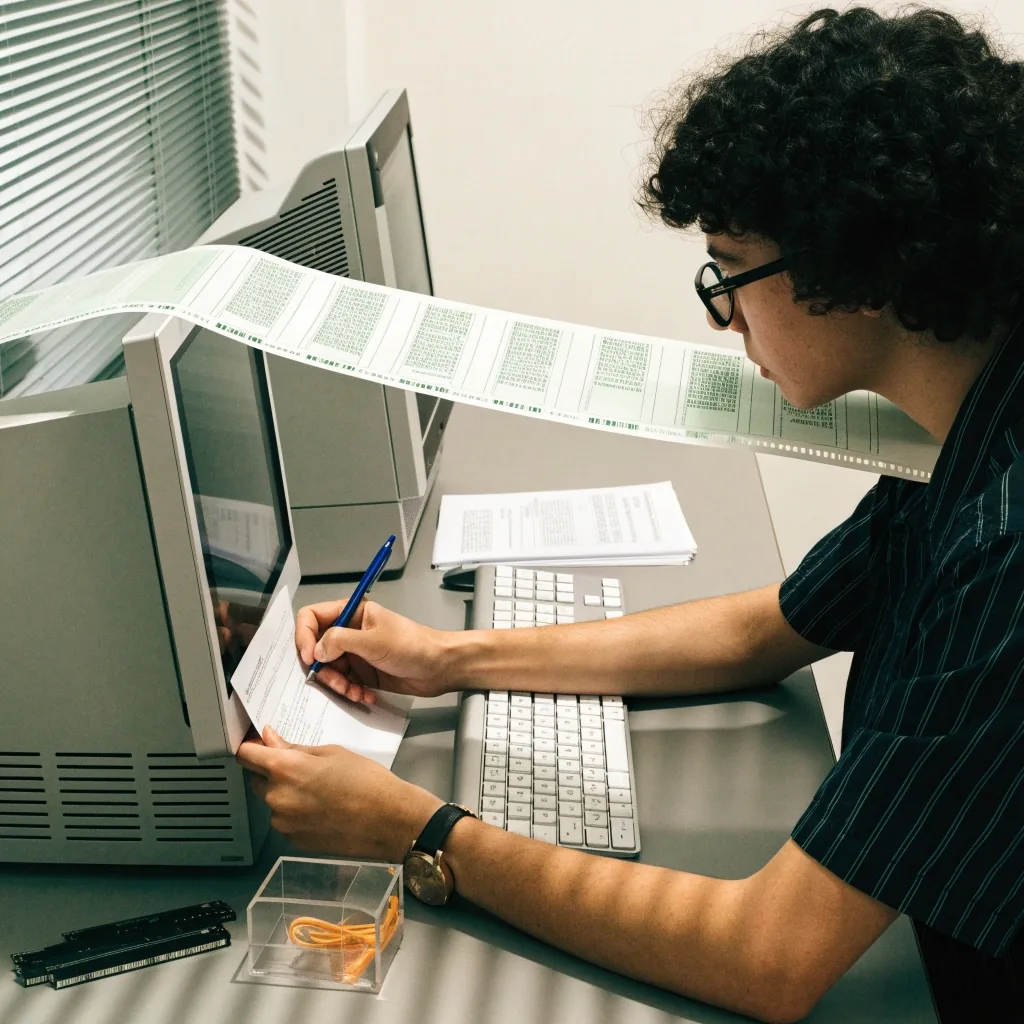 A person filling in a form on a computer at a clean office desk