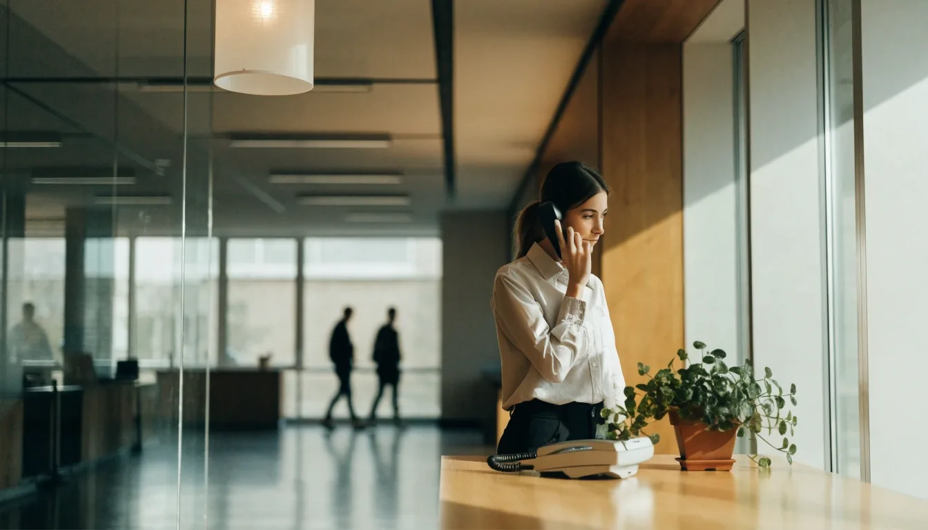 A reception counter at the Falkeris inquiry desk, with a team member ready to take a call