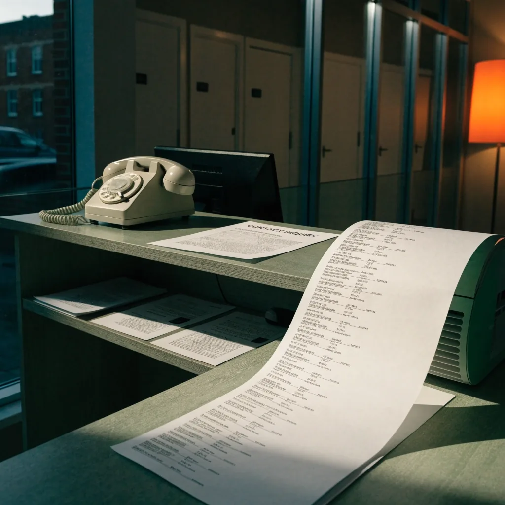 A quiet reception desk with a telephone in soft evening light