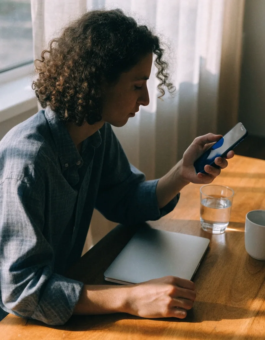A visitor reviewing site settings at a bright home desk while holding a phone