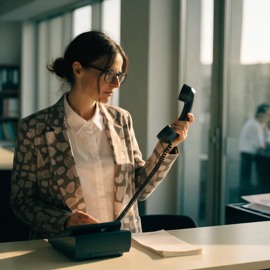 A desk phone, pen and blank paper tray resting on a reception counter in afternoon light