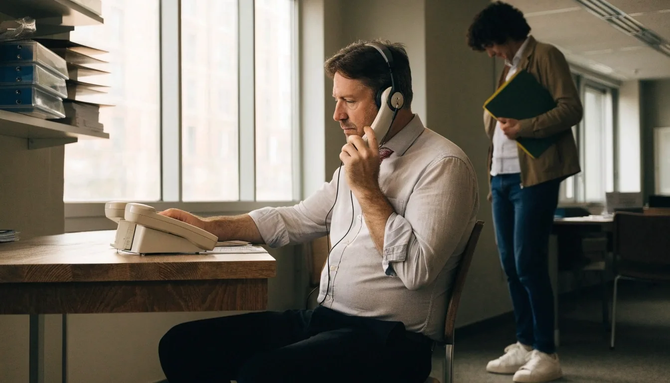 A person writing notes at a quiet inquiry desk beside a telephone in daylight