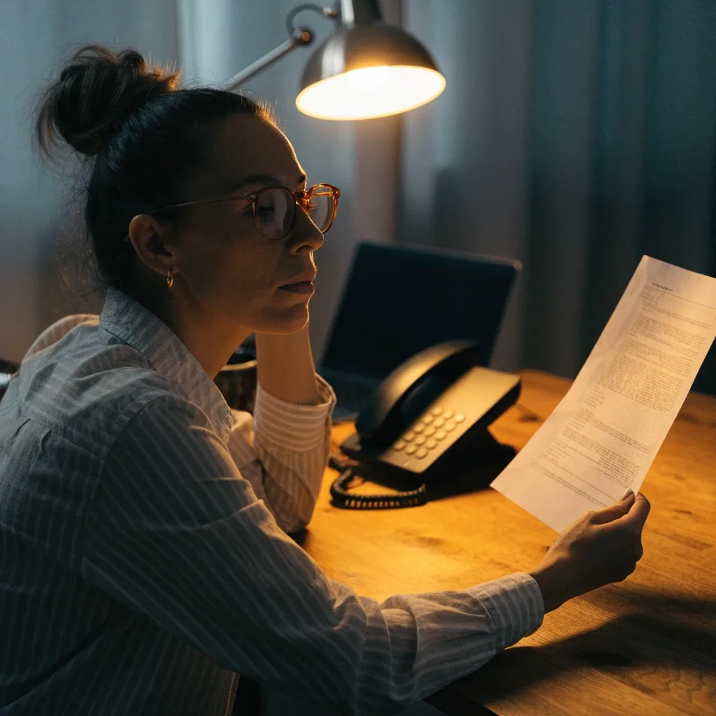 A person at a home office desk reviewing a printed confirmation page beside a telephone in evening light