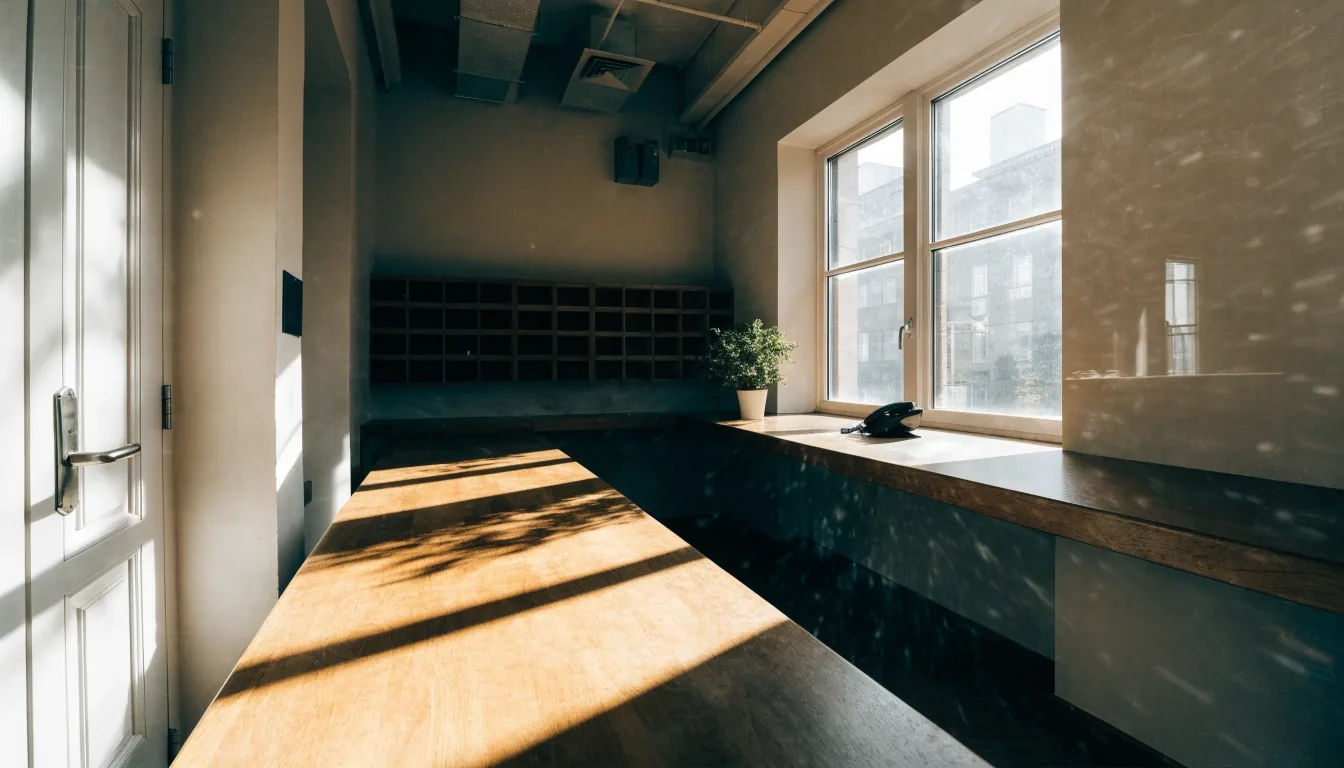 A bright, tidy office back desk with sunlight across a counter and a wall of unlabeled mail slots