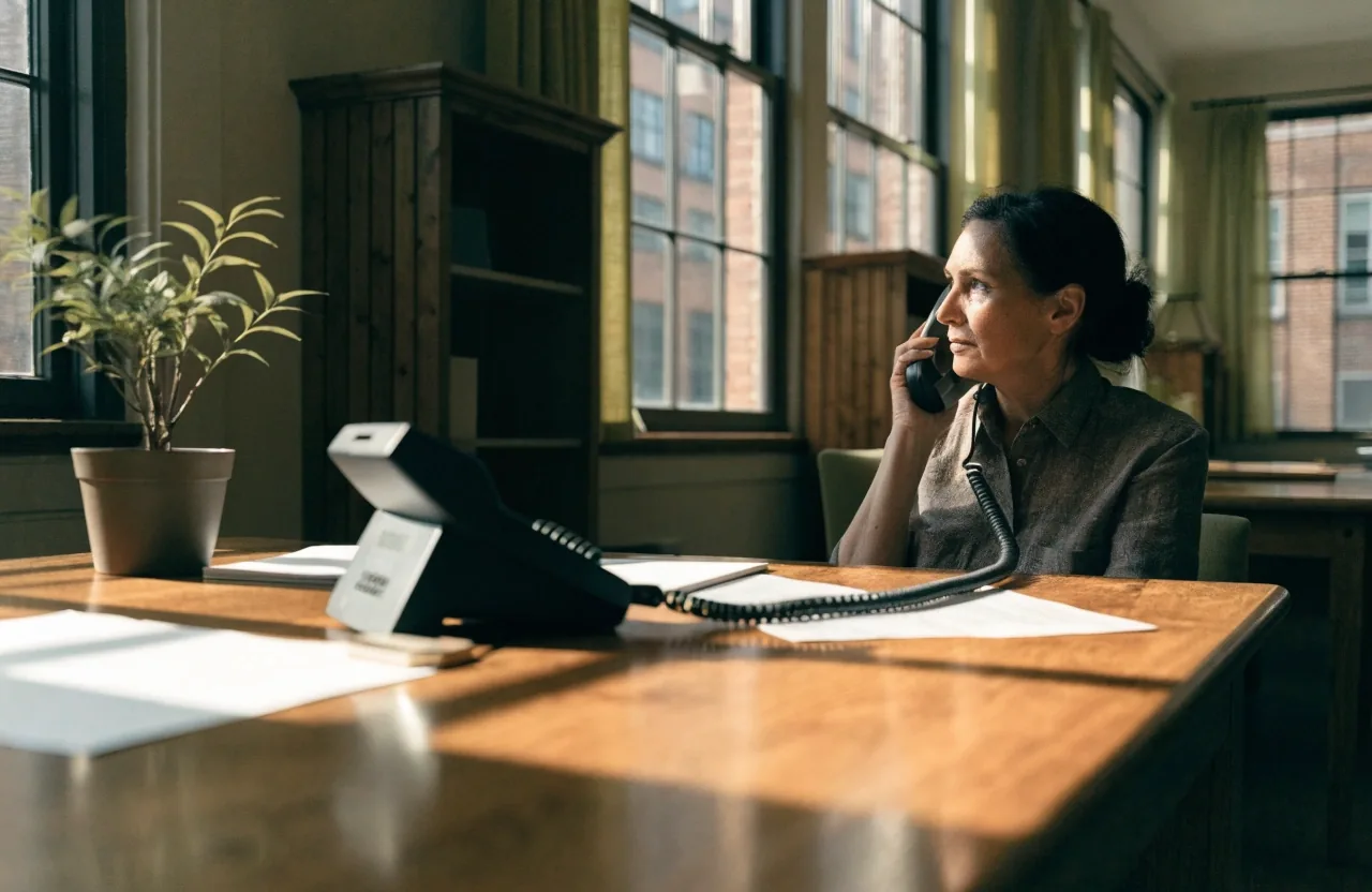 A quiet contact desk in a sunlit American office with a landline phone and a person working at the desk