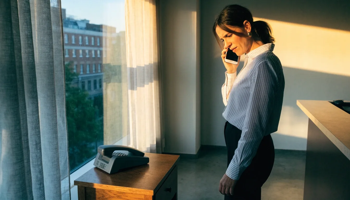 Quiet front desk area at the Falkeris office in Chicago, with a telephone on the desk and morning light across the wall