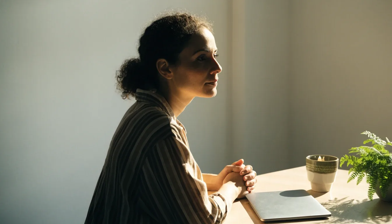Someone sitting at a tidy desk in the afternoon light, writing an inquiry at their own pace