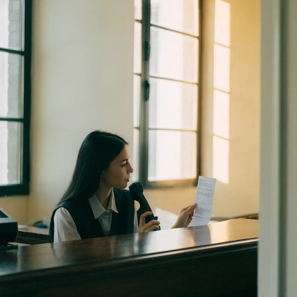 Desk team member reviewing a written inquiry next to the phone