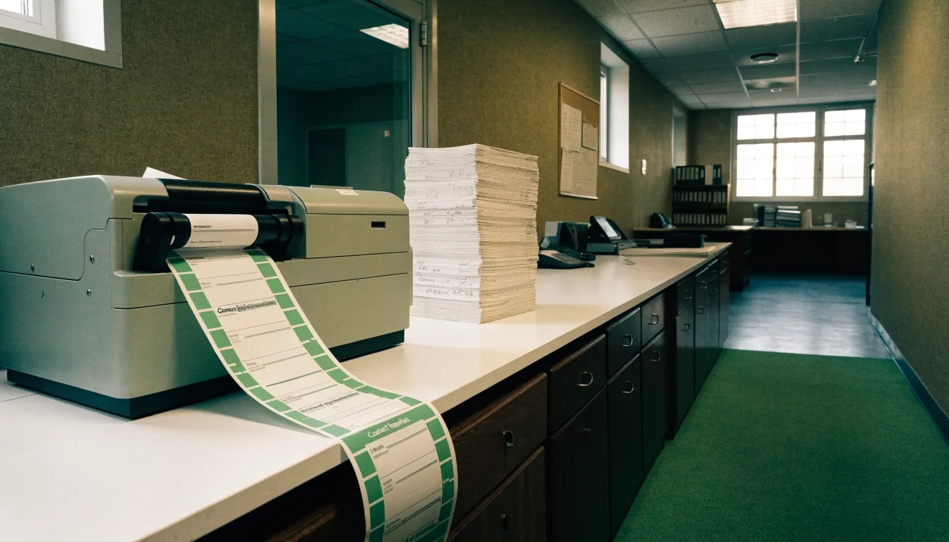Quiet office corridor where records are kept and accessed by the desk team