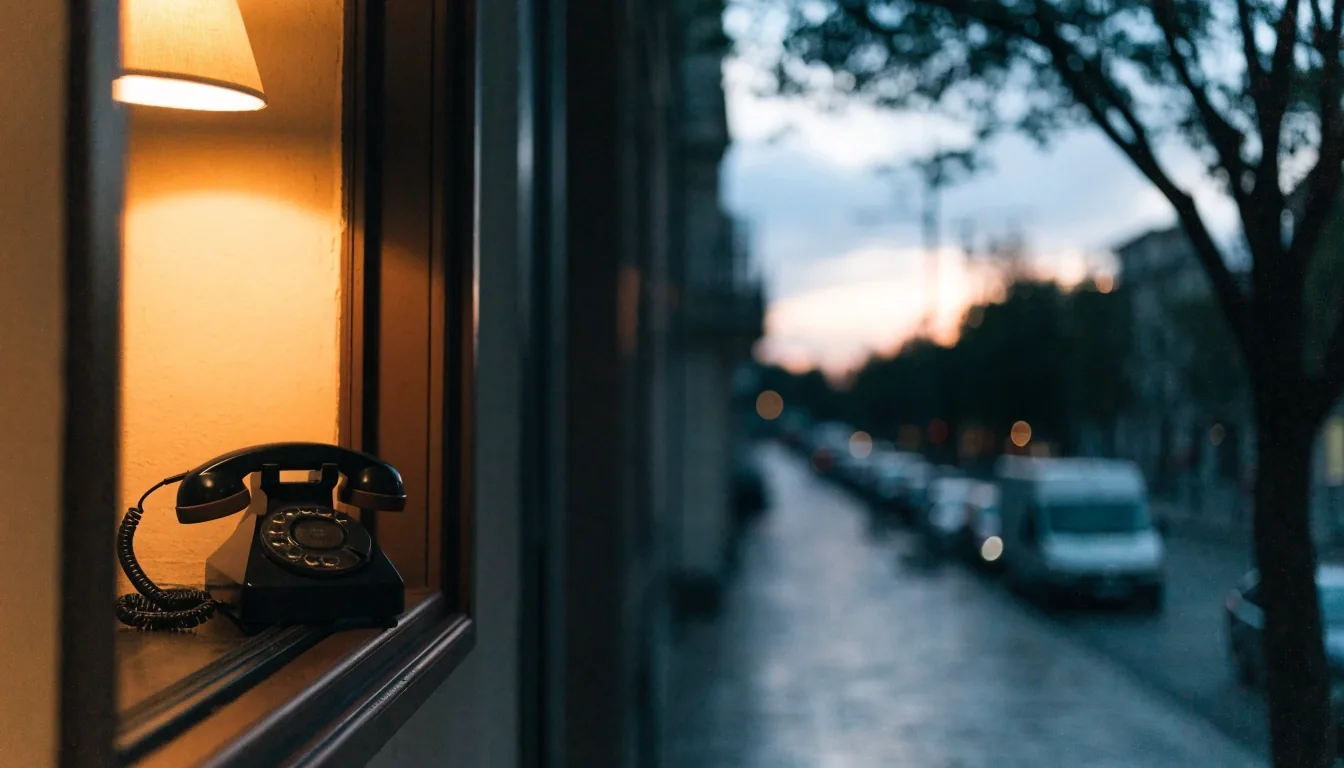 A small office window at dusk with a warm lamp inside and a telephone on the sill
