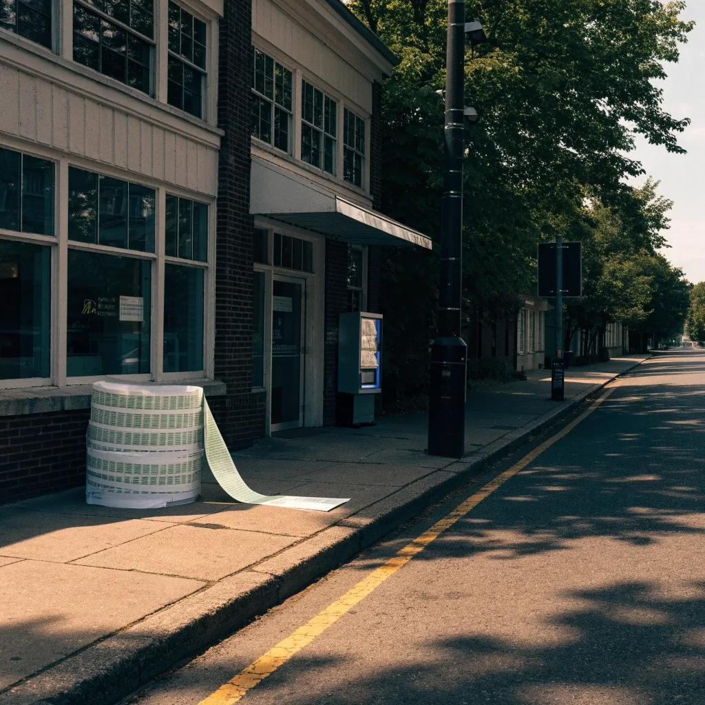 A quiet evening exterior of a small office building on a tree-lined street