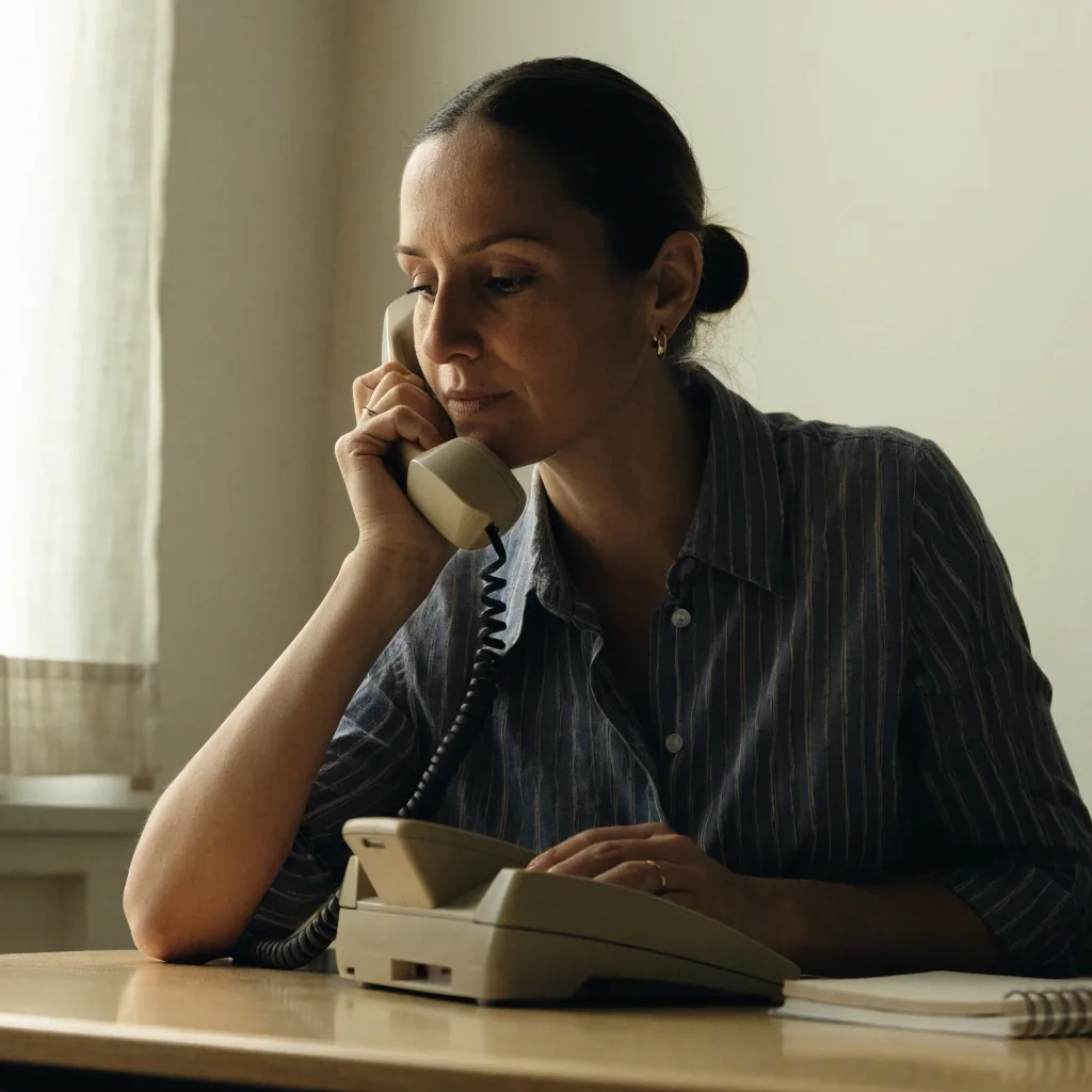 A desk worker answering a written message at a plain office desk with a landline phone nearby
