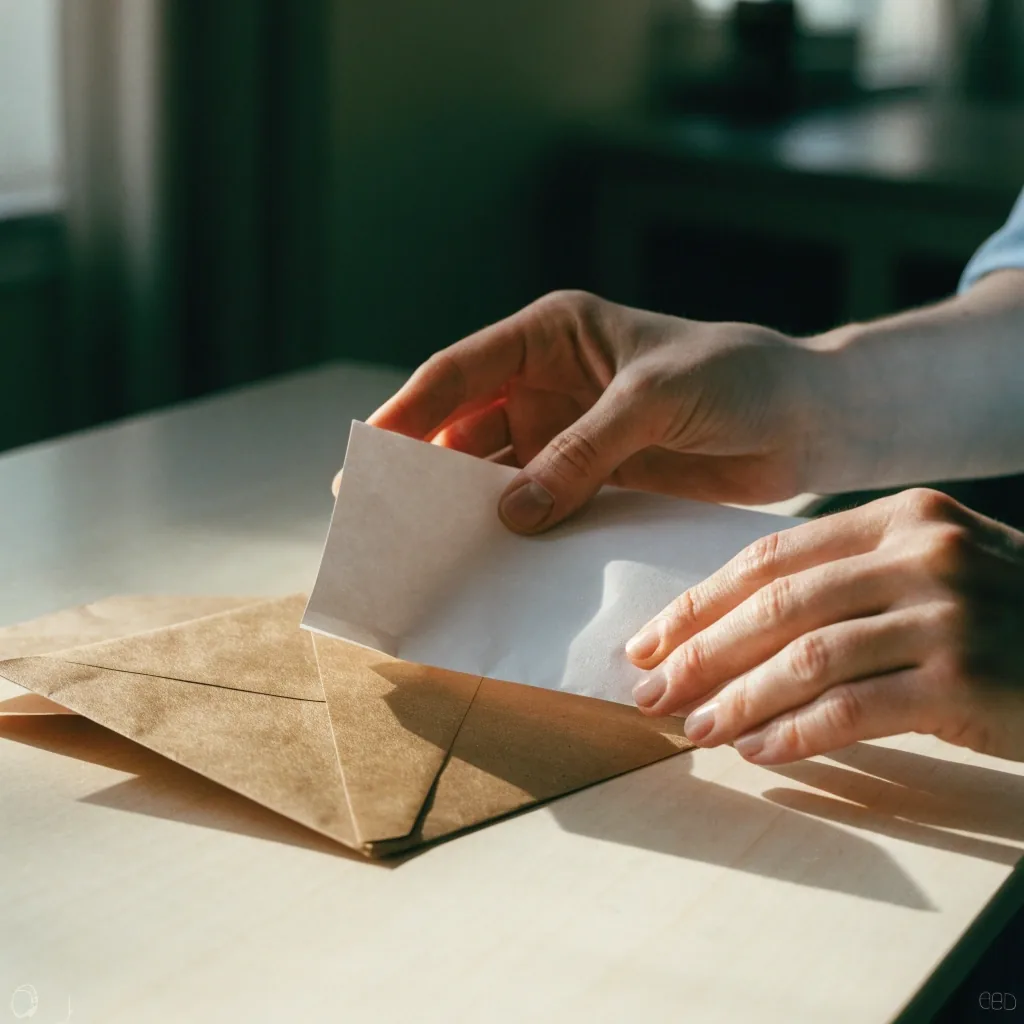 Hands folding a blank sheet and sliding it into an envelope on a desk