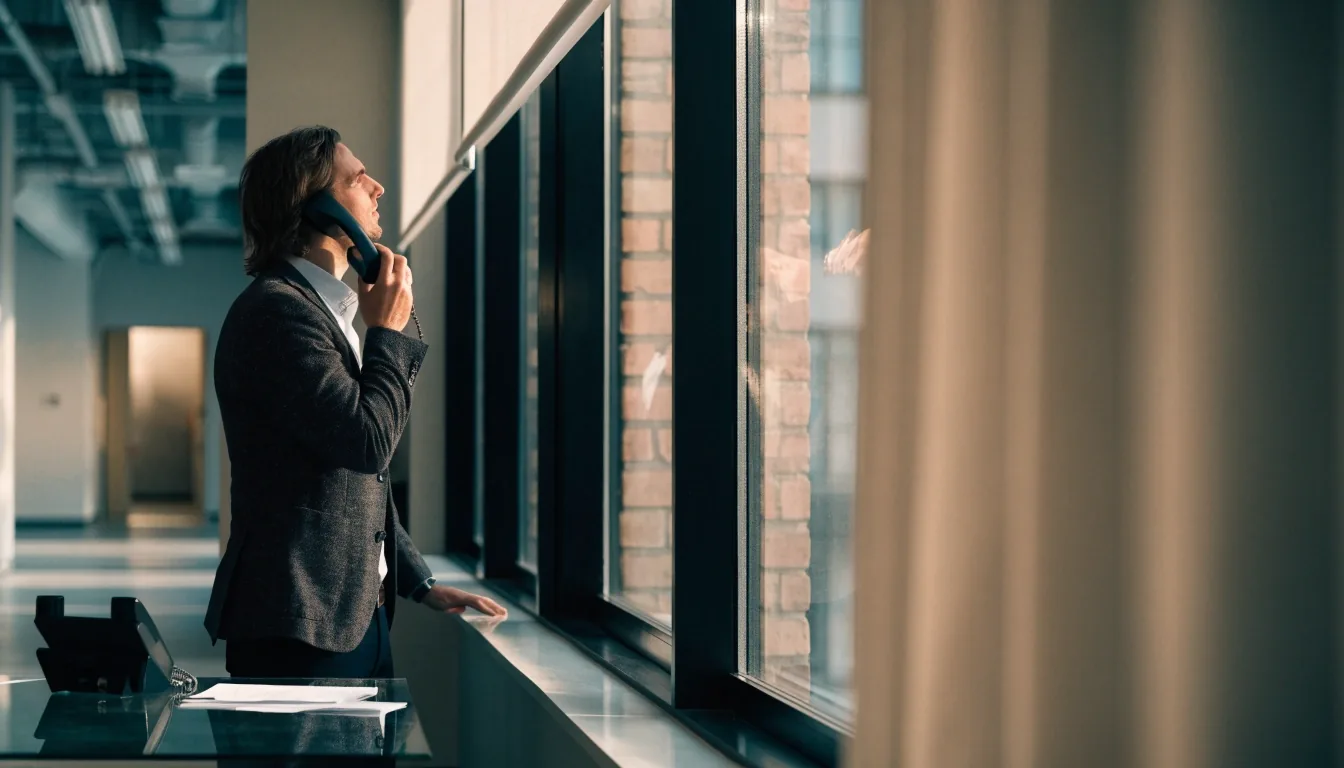 Hands resting beside a desk phone on a sunlit office desk