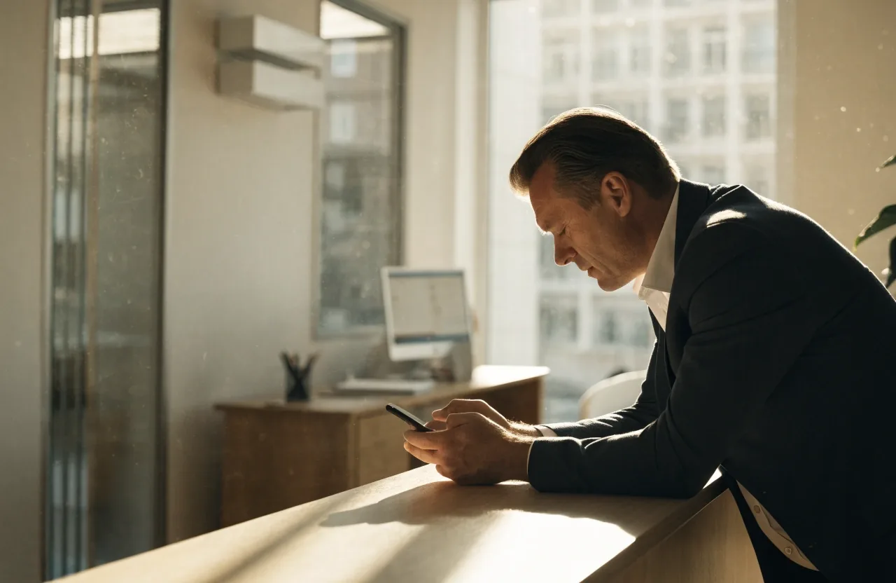 Man checking a switched-off phone at a bright office counter