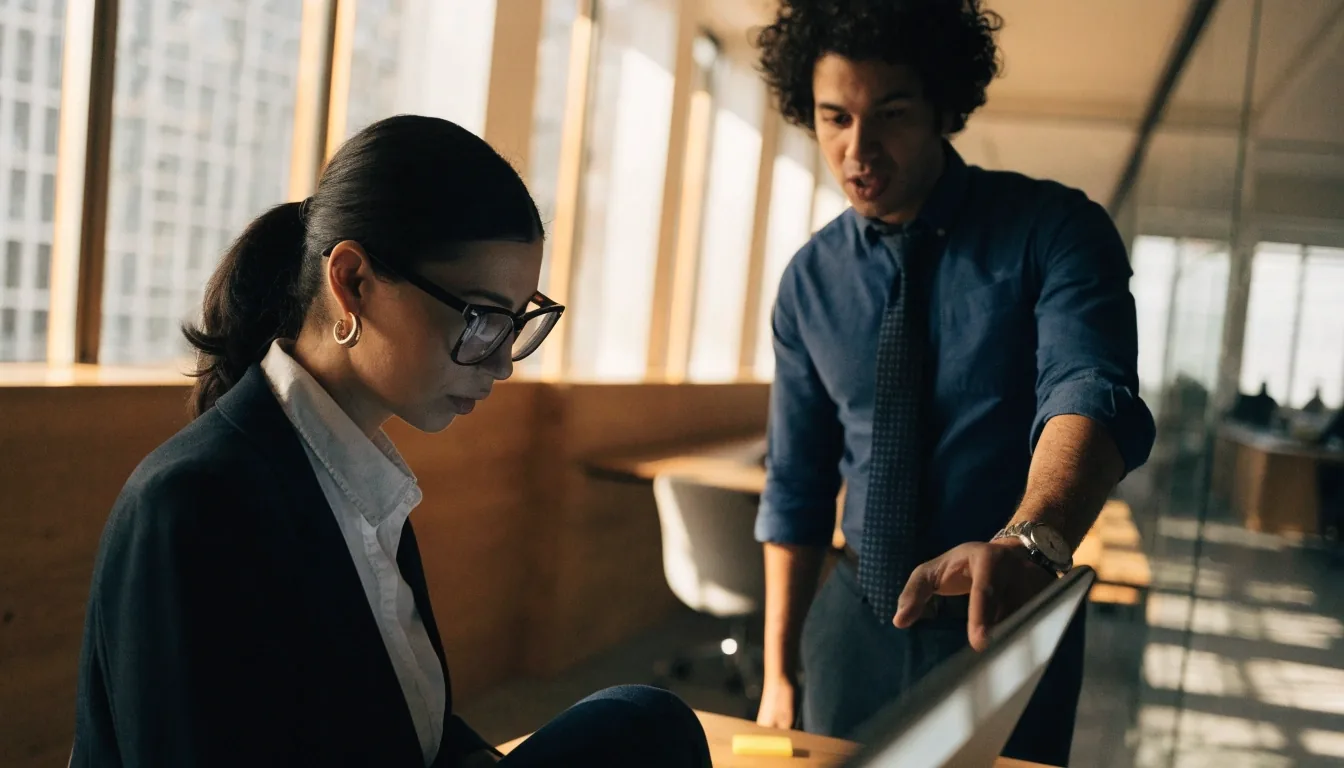 Two colleagues reading a blurred glowing screen together in an open office