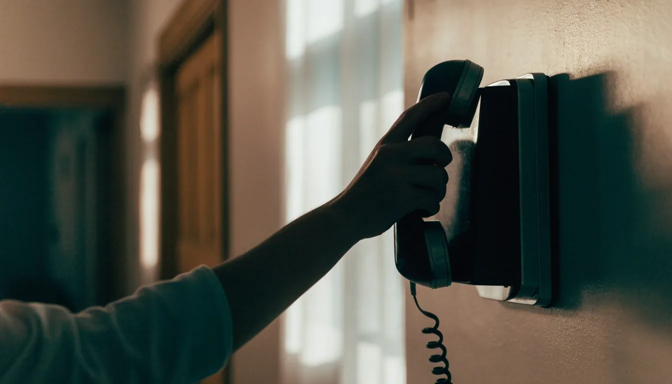 Wall-mounted landline phone on a quiet office hallway wall