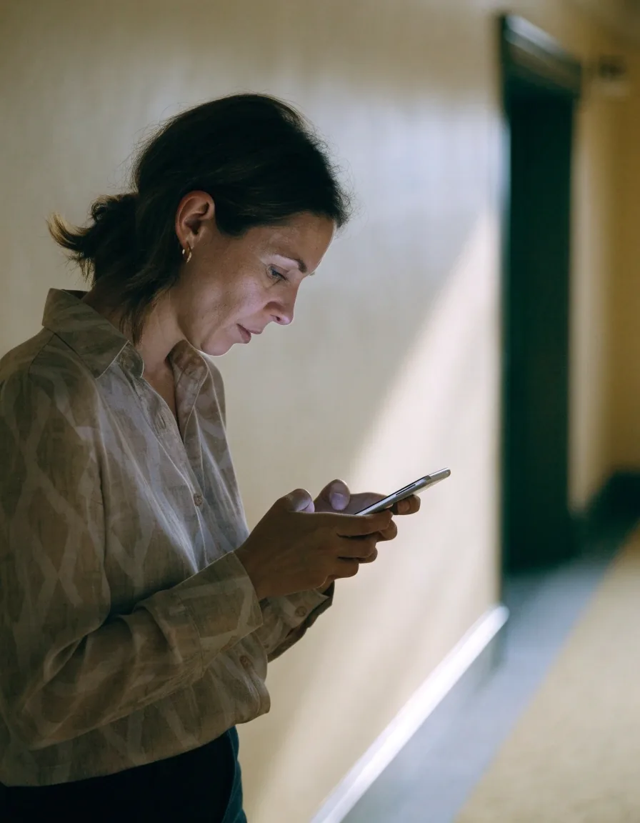 Woman checking her phone in a bright neutral hallway